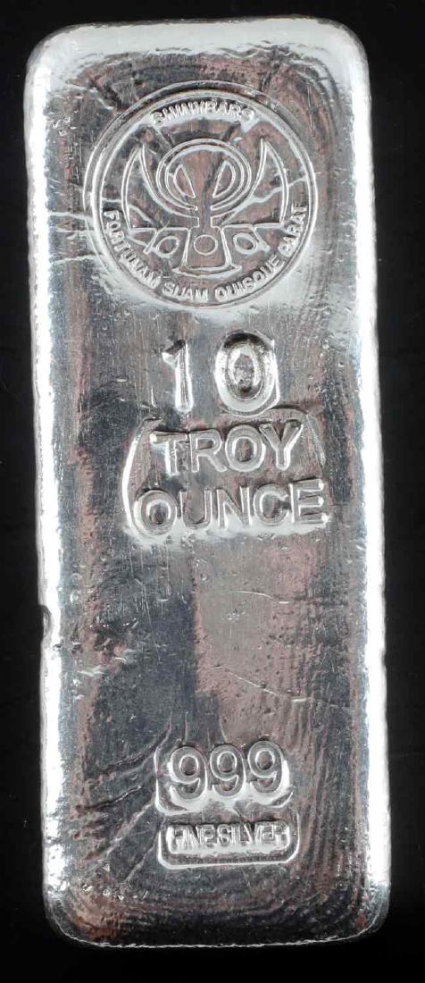 SHINYBARS 10 OUNCE TROY .999 FINE SILVER BAR: 10 ounce troy bar of .999 fine silver cast by Shinybars. Metal content electronically verified.
