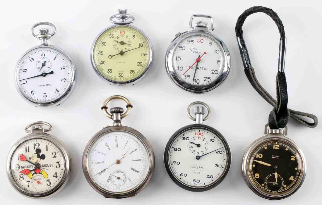 VINTAGE POCKET WATCH & STOP WATCH LOT OF 7: This lot features a good variety of vintage pocket and stop watches including 1 Bradley made Mickey Mouse stop watch, 1 Leonidas stop watch, 1 Meylan No215 stop watch, 1 Gallet stop watch, 1 Ingraham