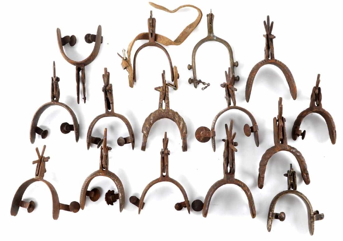 15 SINGLE ANTIQUE VAQUERO COWBOY SPURS: None are paired all single but genuine antiques.