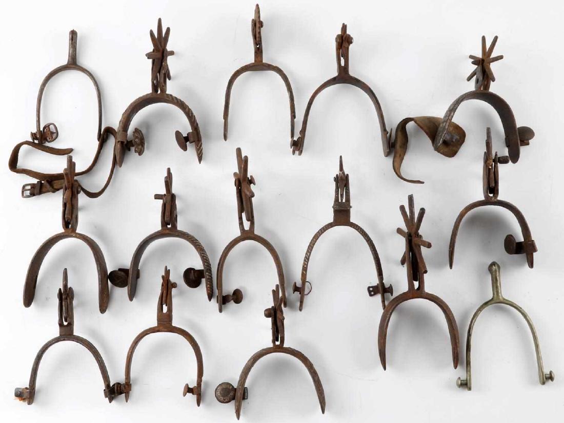 15 SINGLE ANTIQUE VAQUERO COWBOY SPURS: None appear to be pairs all genuine antiques.
