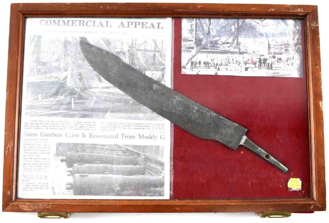 CIVIL WAR UNION GUNBOAT CAIRO BOWIE KNIFE: Bowie knife recovered from wreckage of the Union gunboat Cairo. Recovered during the 1964 engineering dredge of the river. Knife comes in a case and includes newspapers covering the event. Knife is mi