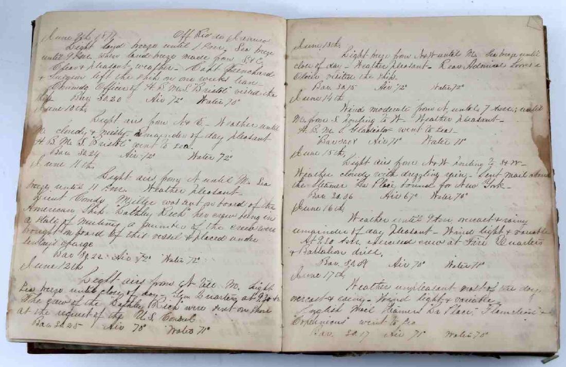 US NAVAL ENSIGN RICHARD A BRECK PERSONAL LOG 1871: US Naval Ensign Richard A. Breck's personal maritime journal and naval log book, which describes his experience as a junior NCO in the South Atlantic Squadron, described are his voyages on both the U.