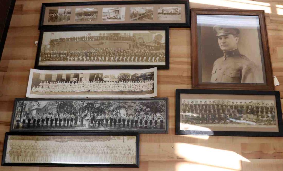 WWI WWII US MILITARY YARDLONG PHOTOGRAPH LOT OF 7: This lot features a variety of WWI, WWII, and inter-war photographs and yardlongs including 1 of the USS Salem in 1919, 1 portrait of a WWI chaplain, 1 of the Silk Mills Red Cross Auxillery (1918,) 1 