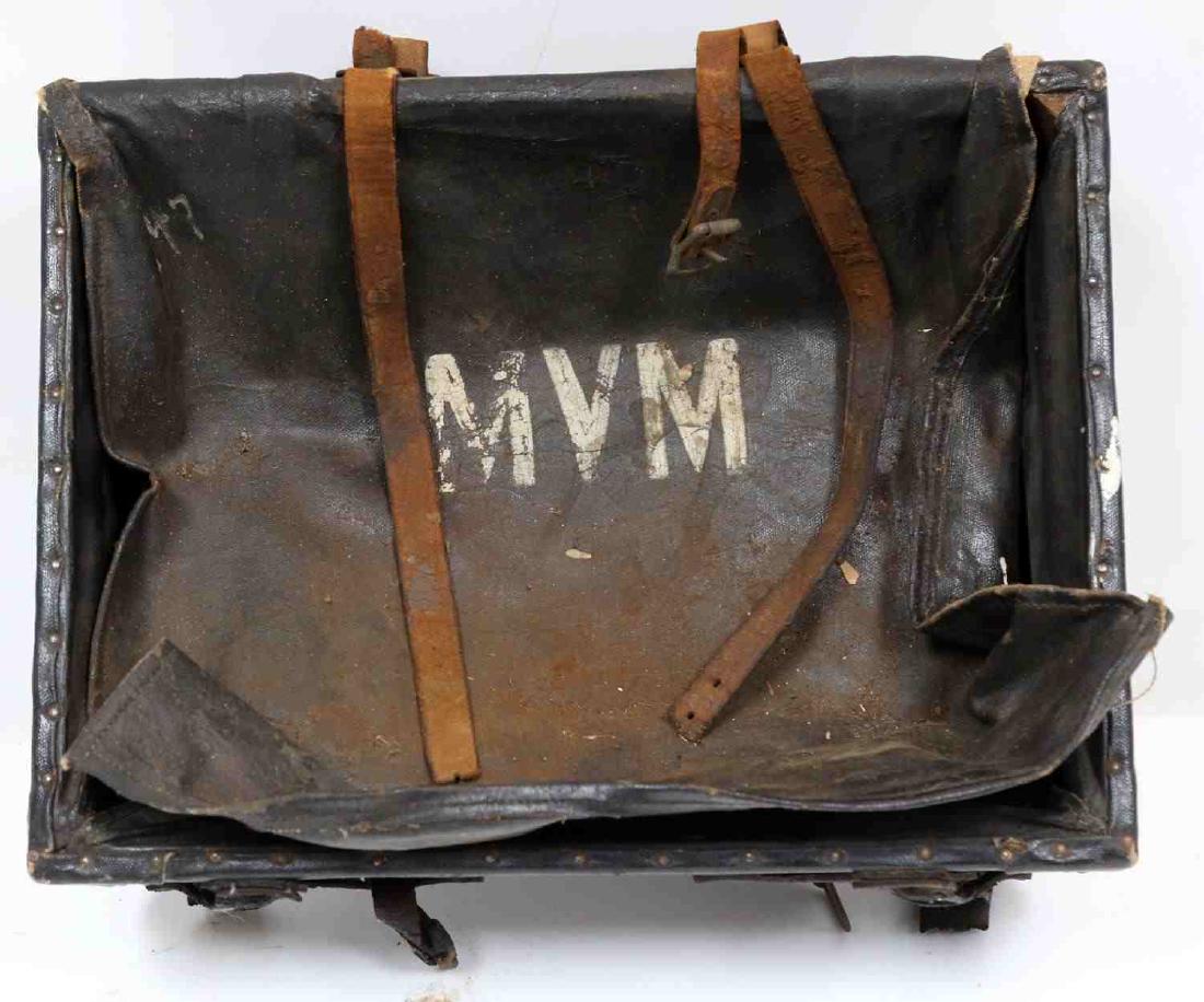US CIVIL WAR UNION INFANTRY CLOTH WOOD BACKPACK: Civil War Union infantry backpack. Cloth covered wood construction. Marked "2 F 10" at its side and "MVM" at its back. Has leather shoulder straps. 1 strap is missing connecting buckle. Good condition