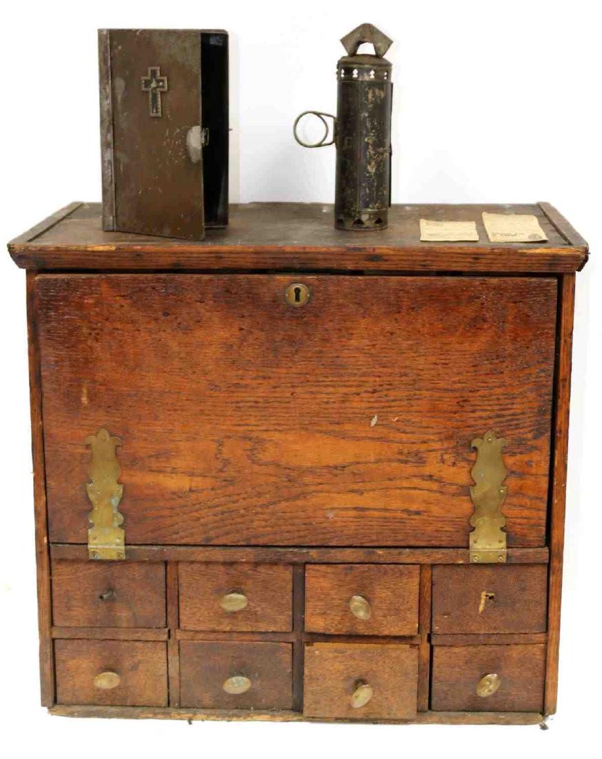 US CIVIL WAR CHAPLAIN DESK & PERSONAL ITEMS: Civil War Chaplain's desk purportedly belonging to 50th PA. Chaplain Hallock Armstrong. Desk includes lantern, bible case, Ambrotype photograph, glasses, and a pen with case. Desk measures 22.75" x 13