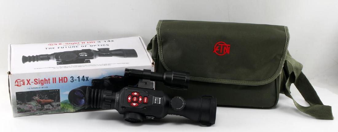 ATN X-SIGHT II HD 3-14X RIFLE SCOPE COMPLETE W BOX: Advanced ATN X-Sight II HD 3-14X Smart HD Optics Night & Day Wifi & Bluetooth enabled rifle scope with HD photo & video recording also equipped with SmoothZoom, RAV (recoil activated video), Compass, 