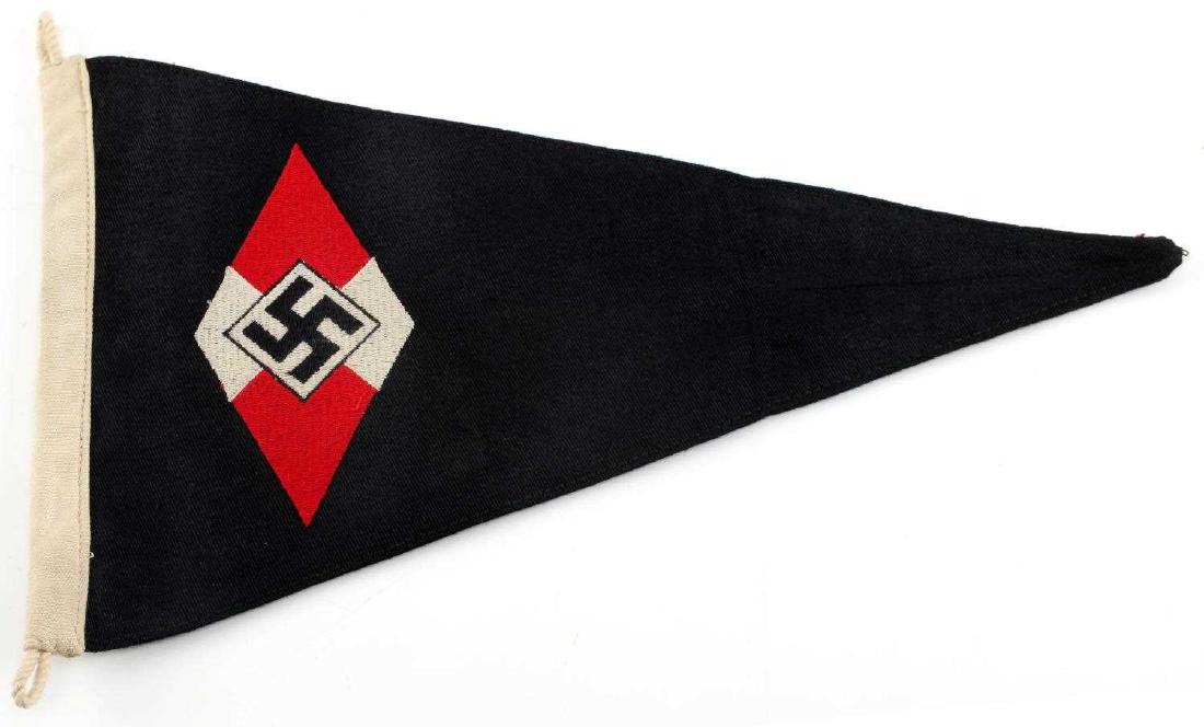 WWII GERMAN THIRD REICH HITLER JUGEND PENNANT: German Hitler Jugend pennant. Double sided with machine embroidered HJ diamond on both sides. Measures approximately 11" X 7" and has reinforcement panel at tip to prevent fraying and twisted cord hoi