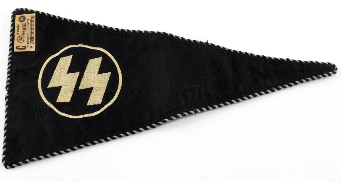 WWII GERMAN THIRD REICH SS PENNANT FLAG: German SS pennant. Double sided embroidered double S sig runes with twisted black and white piping. Pennant has reinforced panel at tip to prevent fraying and retains its paper RZM/SS tag at its top c