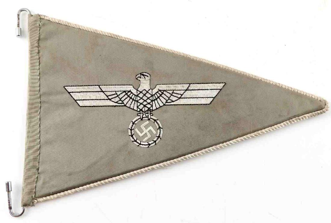 WWII GERMAN ARMY OFFICERS CAR PENNANT FLAG: German officer's 13 x 9 inch pennant in green canvas with twisted white rope piping and double sided embroidered Reichsadler and swastika over a metal frame. Good overall condition. Minor water stain.