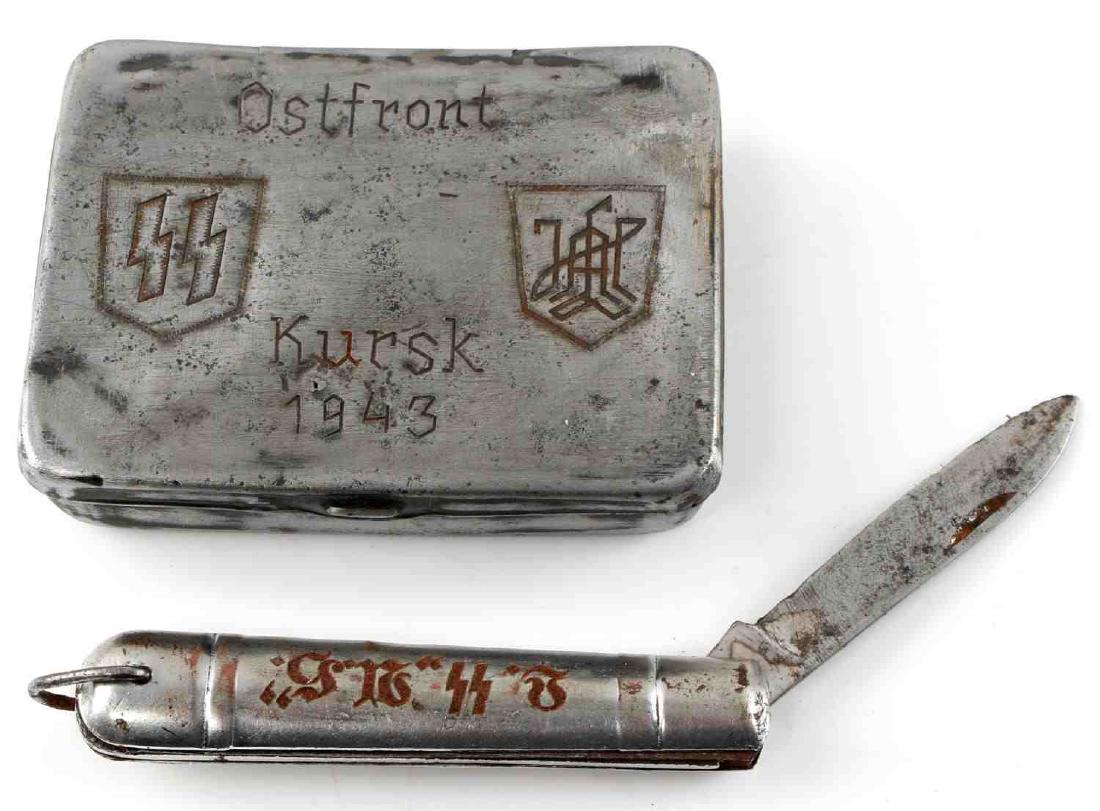 2 WWII GERMAN WAFFEN SS LEIBSTANDARD LOT HITLER: Lot of two (2) items from the Waffen SS Leibstandard "Adolf Hitler". Includes 3.25 x 2.5 inch cigarette case and pocket knife. Both in good condition with some signs of wear. Unauthenticated. Sold "as