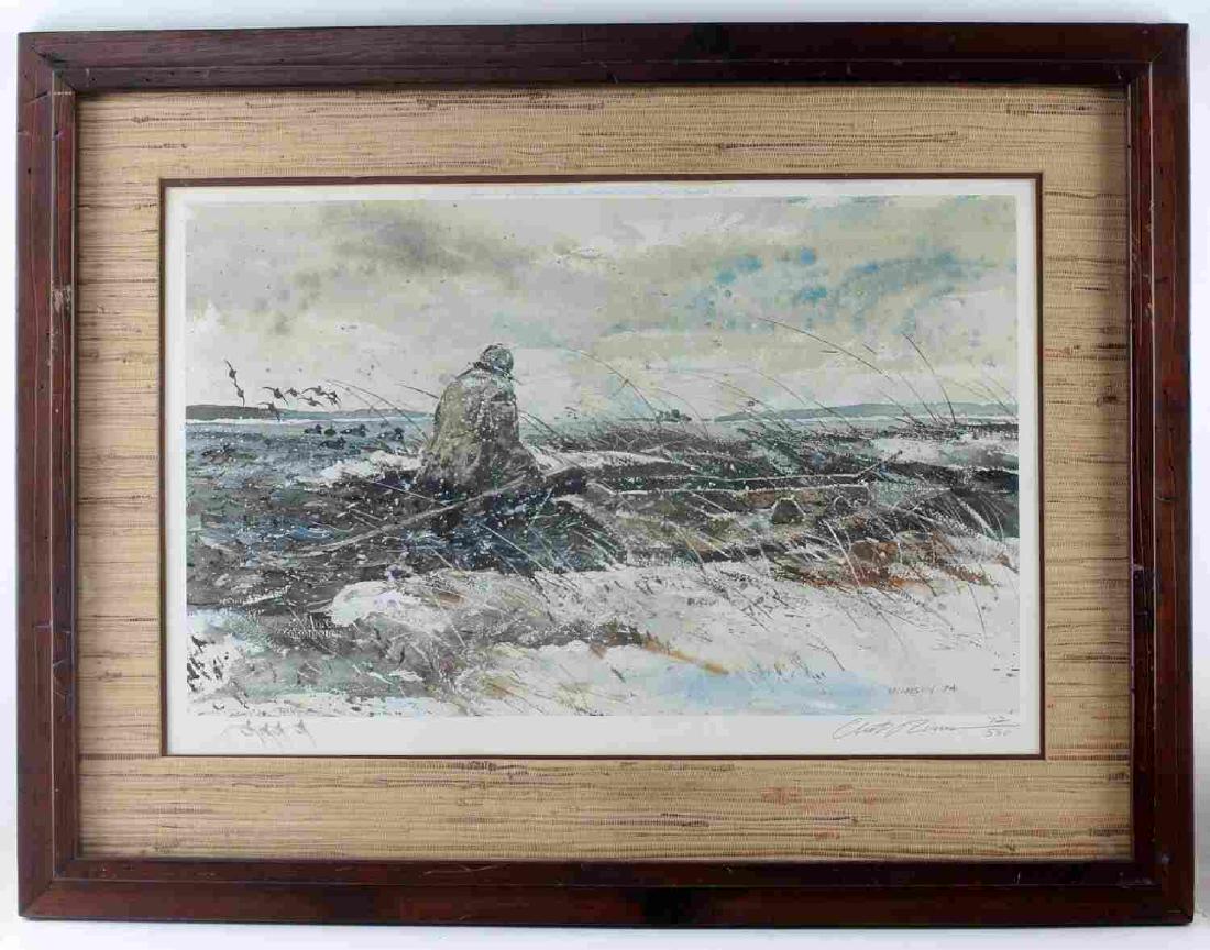 SIGNED CHET RENESON WINTER FISHING SCENE PRINT: Print shows fisherman in canoe during winter. Signed "Chet Reneson" in pencil at bottom right. Numbered 72/580. Doodle of ducks on water done by artist at bottom left. Print shows some foxing througho