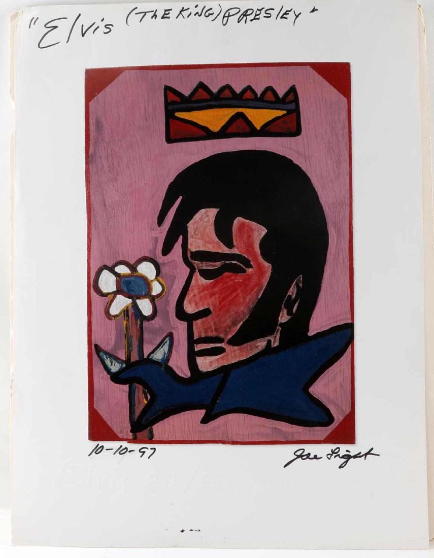 JOE LIGHT FOLK ART OFFSET LITHOGRAPH ELVIS PRELSEY: Painting by American folk artist Joe Light, who began painting in the 60s, is known for his cruciform flowers, jagged and expressive landscapes and sober versions of pop art. Light's paintings are exh
