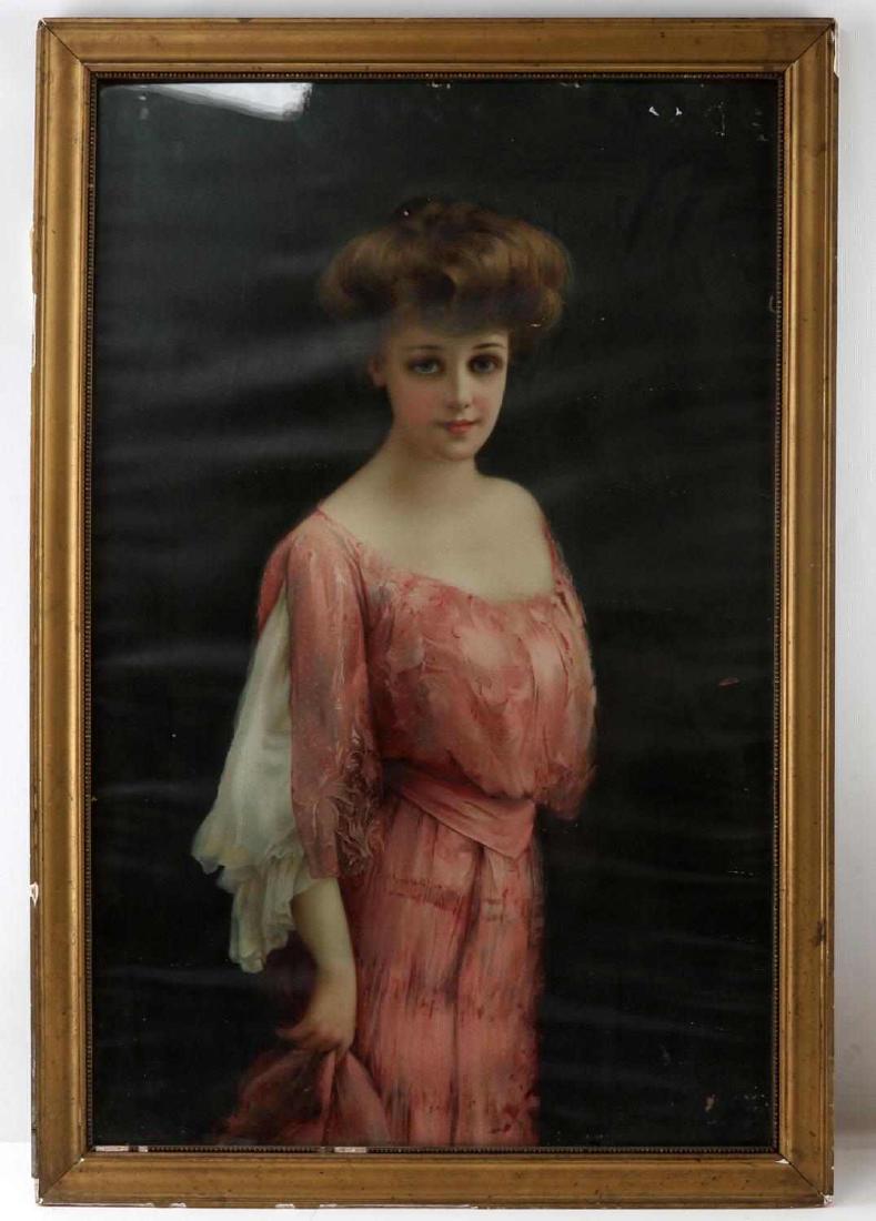 FRAMED PRINT OF YOUNG WOMAN WEARING PINK DRESS: Framed print of an Edwardian woman wearing a pink dress against a dark green background. Mounted in a gold frame. Some damage on print throughout the edges. Measures 17.5 inches by 27.5 inches sight a