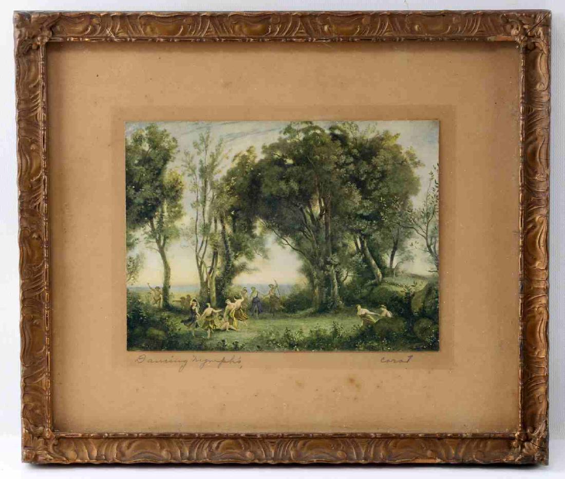 FRAMED PRINT OF JEAN BAPTISTE COROS DANCING NYMPHS: Color print of nymphs dancing in woods. Matted against a neutral brown paper and mounted in brown frame. Some foxing in areas. Measures 7.75 inches by 5.75 inches sight and 13 inches by 11 inches fram