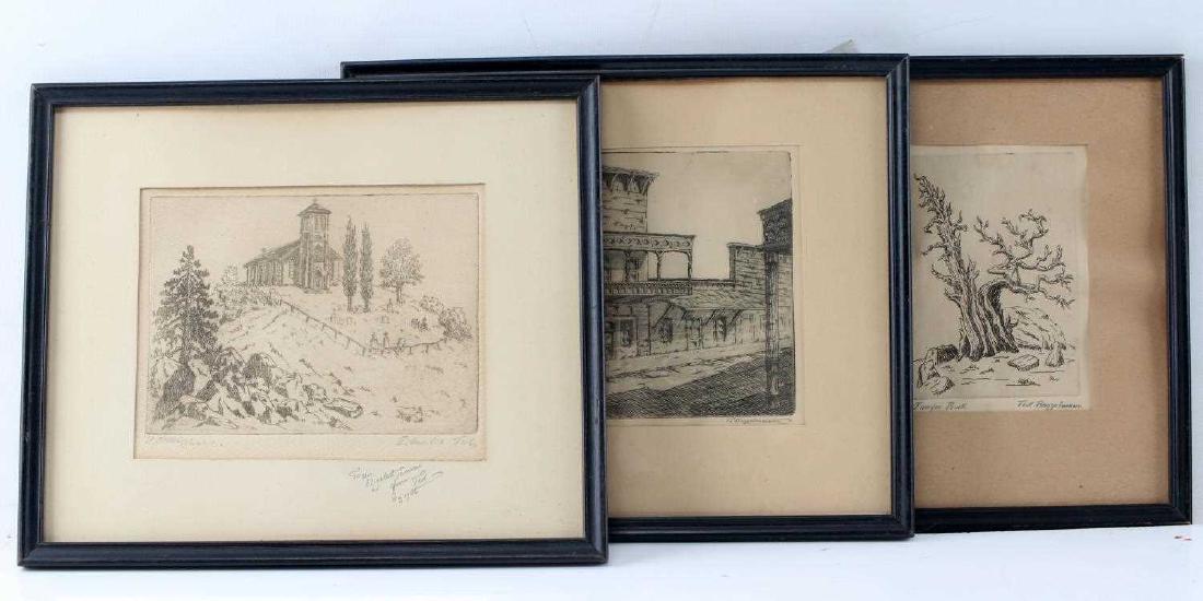 3 CALIFORNIA ARTIST TED BAGGELMANN LITHOGRAPHS: All titled and signed in pencil. One titled "Juniper Buck" of a tree. Measures 6 inches by 4.25 inches sight and 10.75 inches by 8.75 inches framed. One titled "St. Anne Columbia" Personalized and dat
