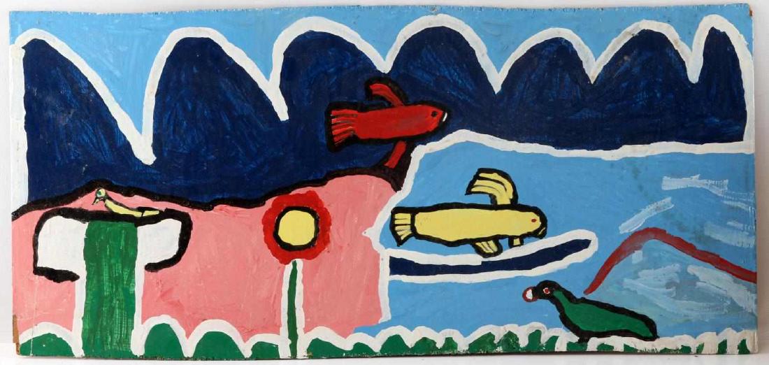ENAMEL ON BOARD FOLK ART ROSIE LEE LIGHT PAINTING: American folk artist, Rosie Lee Light, (wife of Joe Light) is known for her colorful depictions of fish and birds. This painting showcases her distinctive style with bright coloring and her typical fi