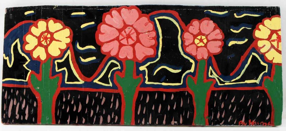 SIGNED MOSEA LIGHT FOLK ART OIL ON BOARD PAINTING: American folk artist, Hosea Light, (son of Joe Light) works in a folk and outsider style. Multiple flowers in pink and yellow against a pitch black background. Signed "By Hosea" on bottom right. Measu