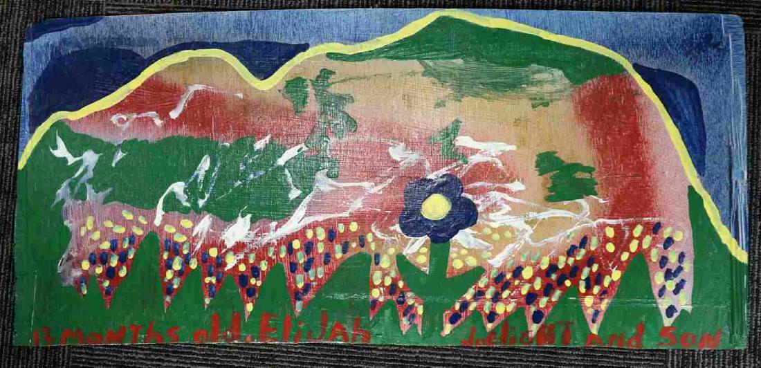 SIGNED JOE LIGHT FOLK ART OIL ON BOARD FLOWER: Painting by American folk artist Joe Light, who began painting in the 60s, is known for his cruciform flowers, jagged and expressive landscapes and sober versions of pop art. Light's paintings are exh