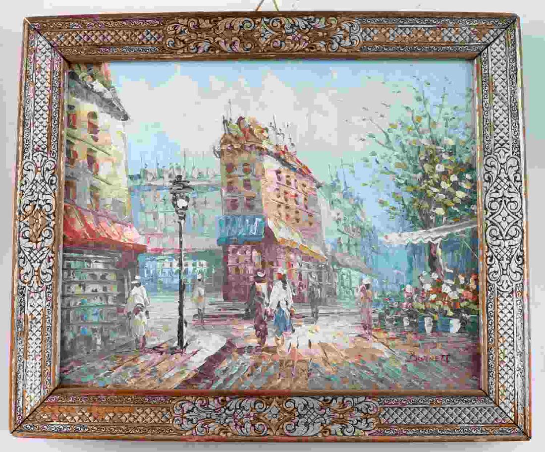 CAROLINE BURNETT OIL ON CANVAS OF FRENCH CITY: Image of people walking through a cityscape. Heavy use of impasto to create depth. Signed at bottom right "Burnett" Caroline Burnett was a member of the Societe des Beaux-Arts in Paris and painted in 