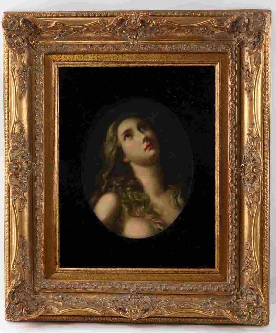 MID TO LATE 19TH C OIL ON BOARD MARY MAGDALENE: Beautiful portrait painting of a penitent Mary Magdelene looking upward. Portrait is reminiscent of Titians Penitent Mary Magdelene. Artist has rendered the saint in fine and delicate hand. Craquelure