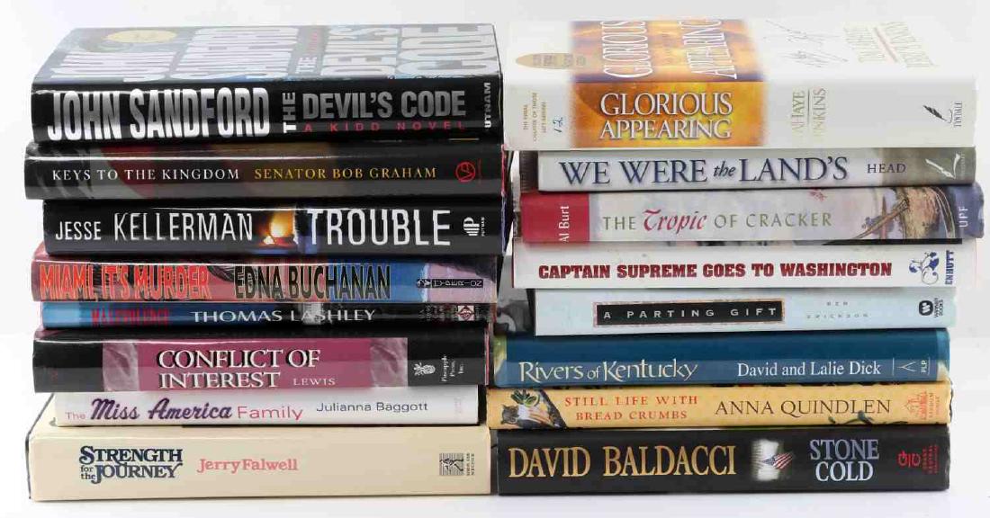 SIGNED AUTOGRAPHED FIRST EDITION BOOK LOT OF 16: This lot features 16 first edition books signed by the authors including "Strength for the Journey" by Jerry Falwell, "Keys to the Kingdom," by Bob Graham, "The Devil's Code" by John Sandford, "Stone 