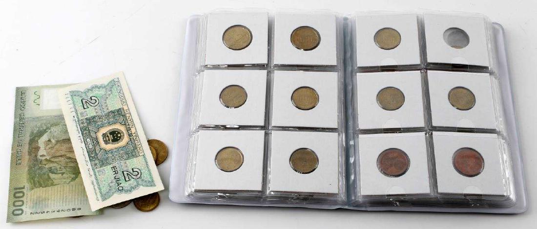 LOT OF FOREIGN NATIONAL COINS & CURRENCY IN ALBUM: Lot of Foreign National Coins & Currency in coin album which has been filled, as well as a separate grouping of pesos, Euro cent and other coins. Items are in good condition for their age with no sign
