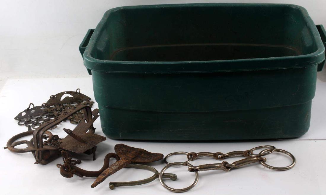 ANTIQUE TRAPS HORSE GEAR AND STRANGE BALLS: Nice lot of antique stuff hors, traps, post office lock, some strange ceramic and lead balls and small shot.