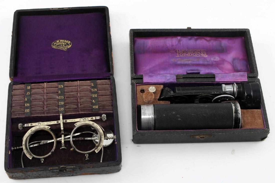 EARLY 19TH CEN OPTOMETRIST TRIAL LENS FRAMES EQUIP: Lot includes a cased set of Trial frames with 30 lenses, and a Theodore Hamblin Ltd. cased eye testing instrument. Antique condition.