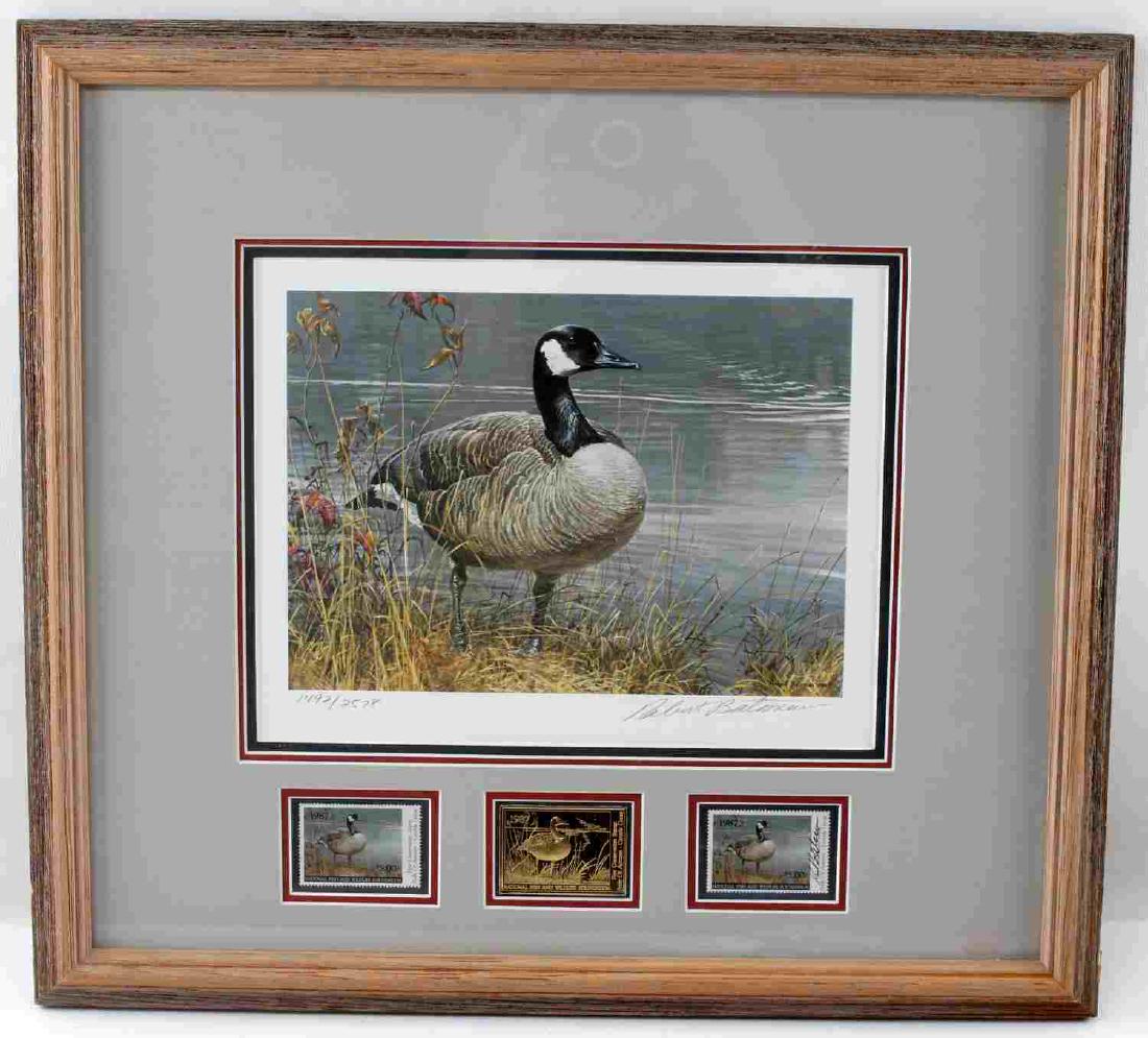 FRAMED ROBERT BATEMEN DUCK PRINT & STAMPS SET: Print is signed in pencil "Robert Bateman" at bottom right. Numbered in pencil "1492/2578" at bottom left. Print is dated 1986 and stamps are dated 1987.