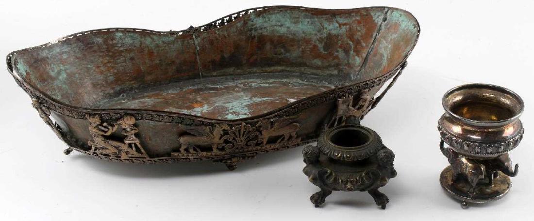 LOT OF 3 FURNISHINGS INKWELL SALT CELLAR HOLDER: Lot includes: antique reticulated plant or silverware metal holder with copper insert, 13.5 inches long, 4 inches tall, bronze inkwell base (2 inches tall), and a silver plate salt cellar (3 inches ta
