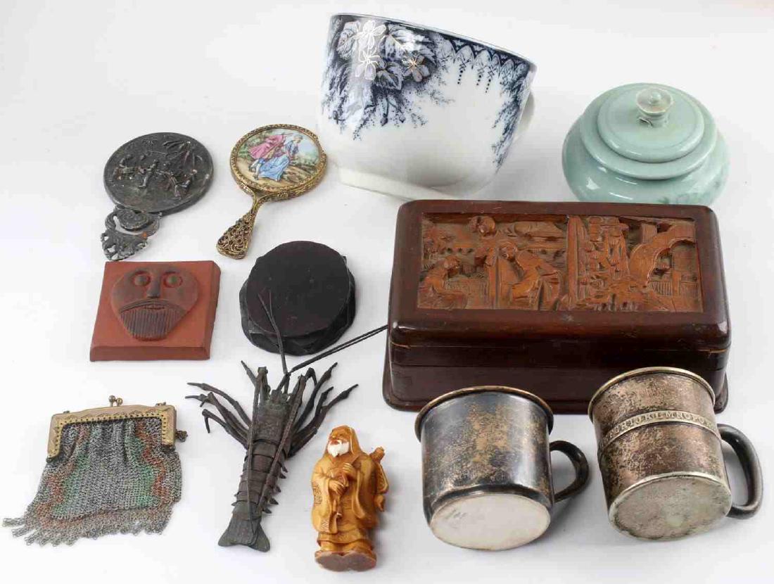 SMALL LOT OF COLLECTIBLES FIGURE BOX MIRROR PURSE: Small lot includes: Asian porcelain trinket box with lid, two small hand mirrors, 2.5 X 2.5 inch Danish Thyssen tile, hand-carved wooden box (7 X 4 X 2.5 inches), small metal coin purse, articulated m