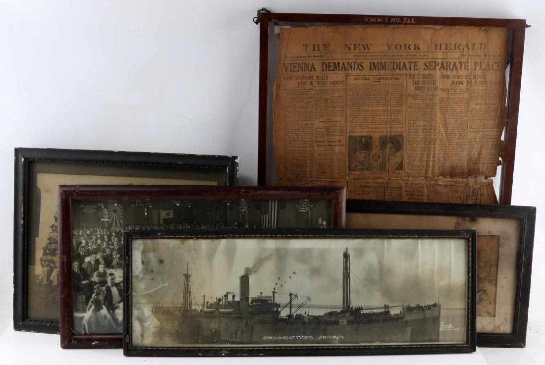 WWI US MILITARY PHOTO LOT OF FOUR & NEWSPAPER: Lot contains four framed photos from the WWI era depicting US military personnel, as well as two front-page newspapers from the end of the same conflict. All sizes are including frame. Includes a 30x1