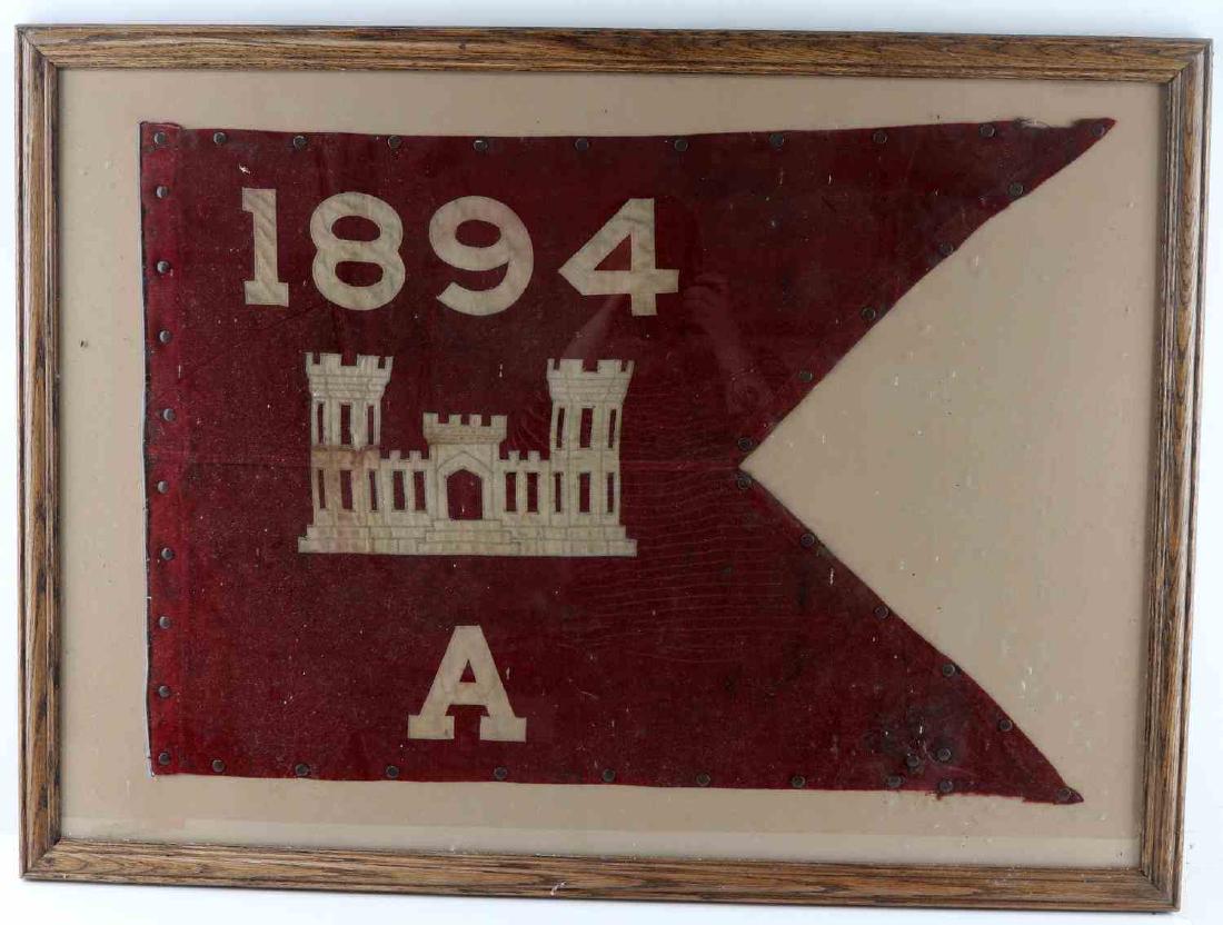 1894 US ARMY ENGINEER CORPS REGIMENTAL FLAG: 1894 US Corps of Engineers Company A flag. Framed and in good condition for its age. Some sections of damage present. Measures 34.5" X 25.5".