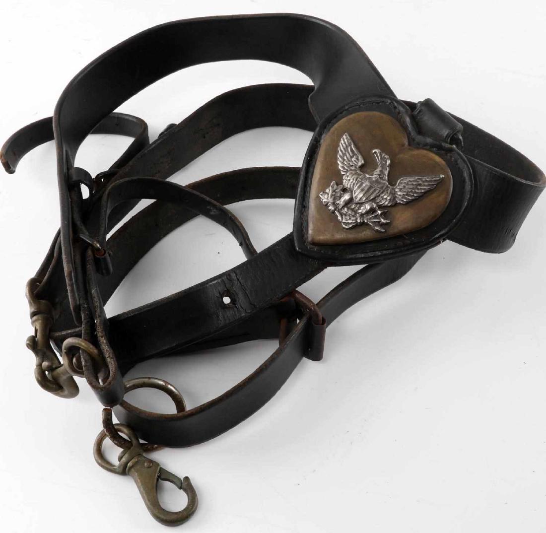 REENACTORS CIVIL WAR STYLE US CAVALRY MARTINGALE: Reenactors Civil War style US Cavalry martingale with Federal Eagle plate. Marked "Shawn's Custom Saddles & Tack. San Angelo, TX. " Good condition. Some leather wear present.