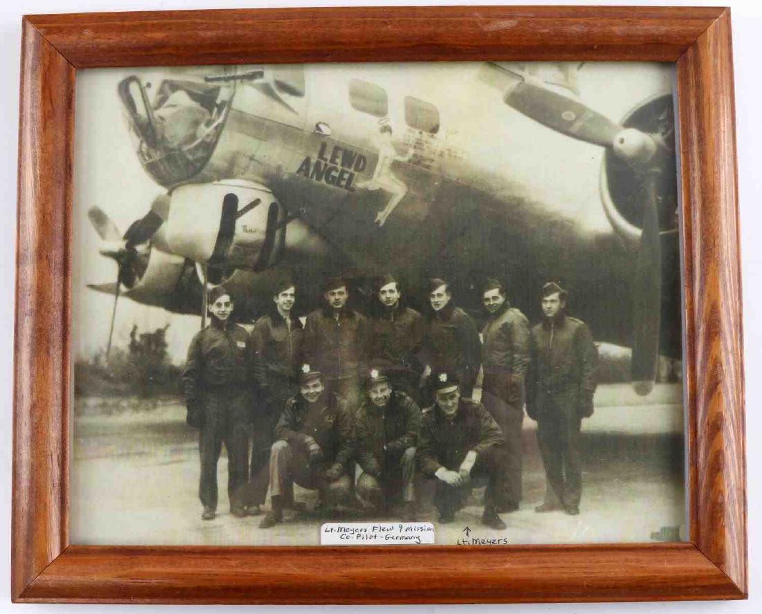 NAMED WWII US AIR FORCE PILOTS CRUSHER CAP & PHOTO: This lot features a signed US Air Force crusher cap and a photo of the pilot and the plane he helped to fly. The cap belonged to 1st Lt. P.E. Meyer who was a co-pilot of a B-17 bomber the "Lewd Angel"