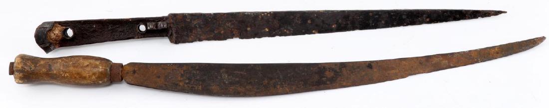 PAIR OF ANTIQUE BATTLE EXCAVATED BAYONET & KNIFE: Pair of Antique Battle excavated bayonet & knife, bayonet blade alone measures 13.25 inches, total length of custom knife is 20.25 inches. Items are in good condition for their age with no damage beyo