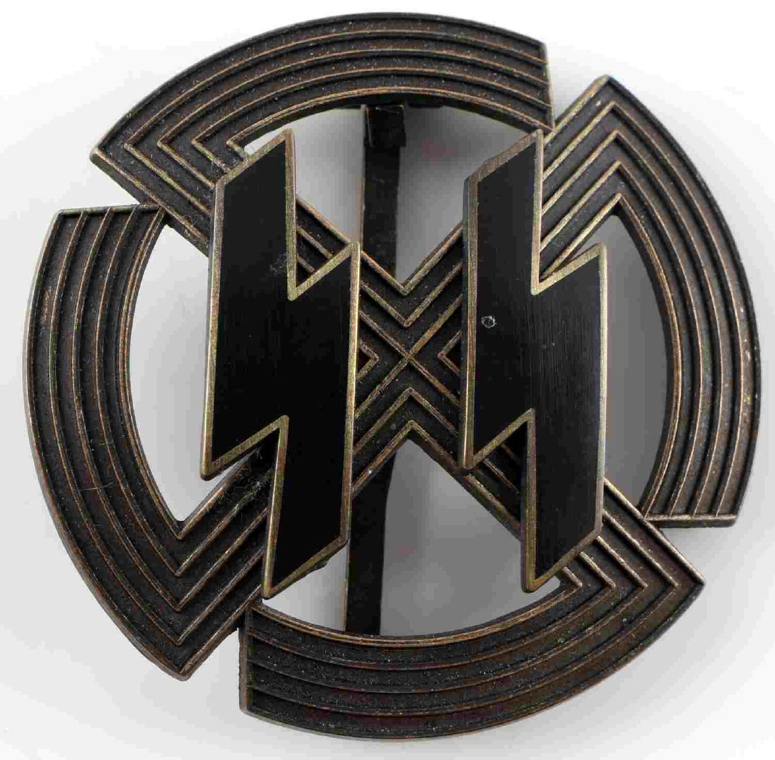 WWII GERMAN 3RD REICH SS SPORTS PROFICIENCY BADGE: German SS sports proficiency badge. Sun wheel swastika with enameled relief double S sig runes on obverse. Reverse maker marked and RZM marked M1/25. Very good condition overall. Some patina and sligh