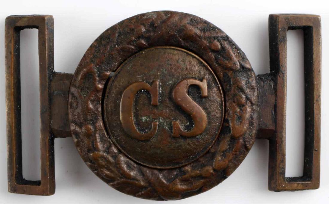 FULL CIVIL WAR CONFEDERATE SOLDIER BUCKLE HOMAGE: Two-piece buckle modern homage or reenactors piece. "CS" in repousse in the middle. Total measurement is approx. 3.75 inches long. In good condition with some detail loss and patina.