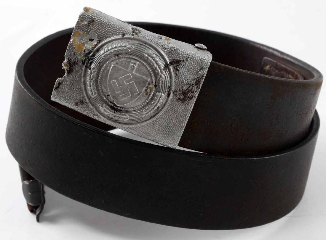 WWII GERMAN RAD REICH LABOR SERVICE BELT & BUCKLE: German RAD EM belt. Full leather belt with "pebbled" aluminum buckle. Some dents, holes, and chips present to buckle. Good with these exceptions.