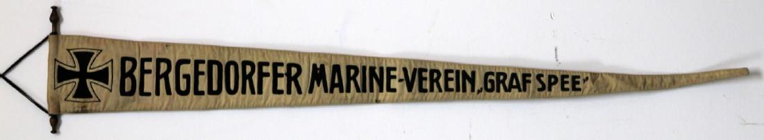 WWII GERMAN THIRD REICH GRAF SPEE SOCIETY PENNANT: Pennant flag with an Iron Cross emblem which reads 'Bergedorfer Marine-Verein "Graf Spee"'. Hoist end has a small tapestry hanger. In very good condition. F82