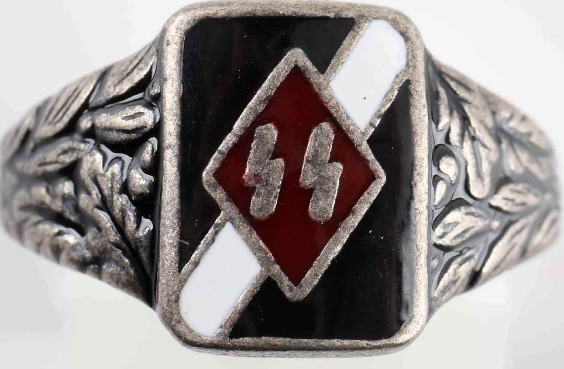 WWII GERMAN 3RD REICH SS HITLERJUGEND SILVER RING: Silver ring with mark of the 12th SS Panzer Division "Hitlerjugend". Has silver and maker marks. Weighs 5 grams. Unauthenticated/Sold 'as is' This lot has a reserve.