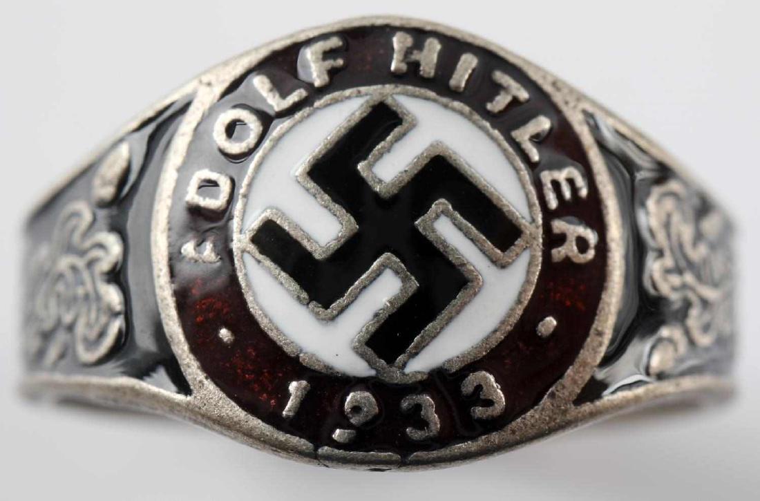 WWII GERMAN THIRD REICH HITLER 1933 SILVER RING: Adolf Hitler 1933 silver ring. Weighs 5.9. Has 800 silver mark. In very good condition. Unauthenticated/Sold 'as is'. This lot has a reserve.