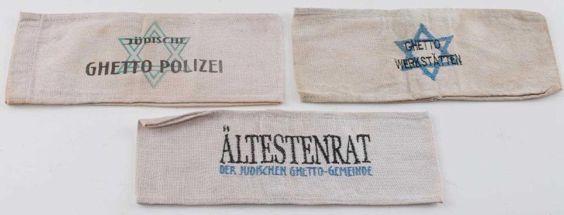 WWII GERMAN THIRD REICH GHETTO ARMBAND LOT OF 3: Lot contains three ghetto armbands. Includes Ghetto workshop, Council of Jewish Elders, and Ghetto police. In very good condition. Unauthenticated/Sold 'as is' This lot has a reserve.