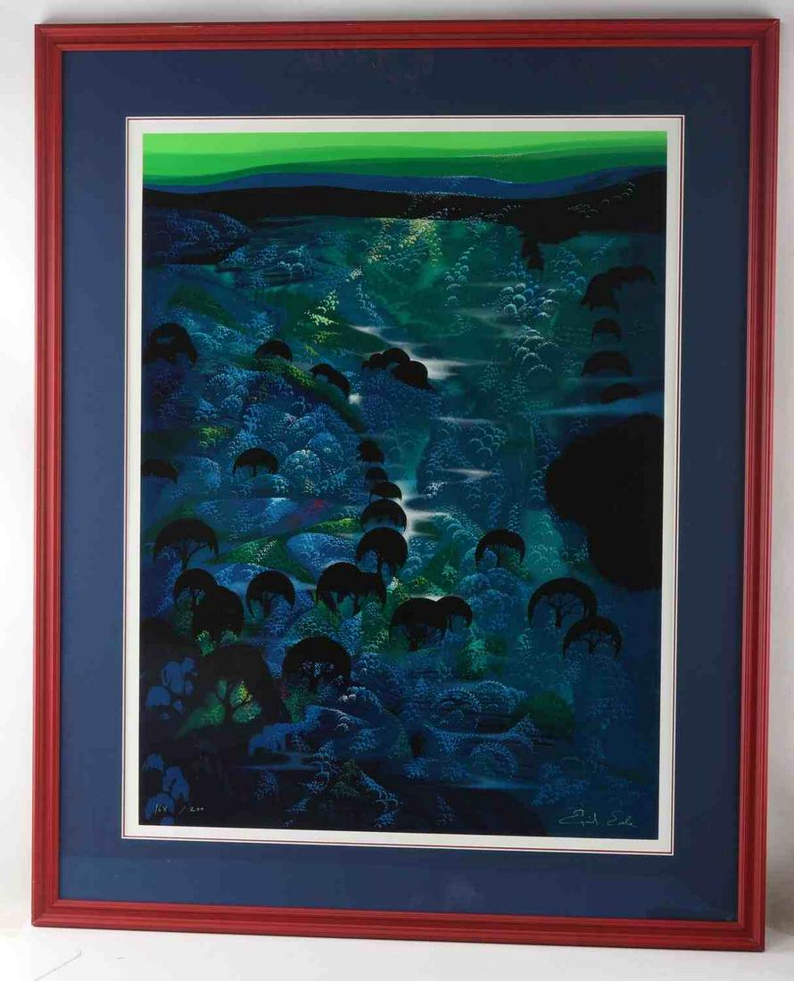 EYVIND EARLE SILKSCREEN SIGNED & NUMBERED: Signed and numbered silkscreen by Eyvind Earle. A mid-century American artist, Earle is well-known for his contributions to Disney films of the era. He was responsible for the creation of the styling,
