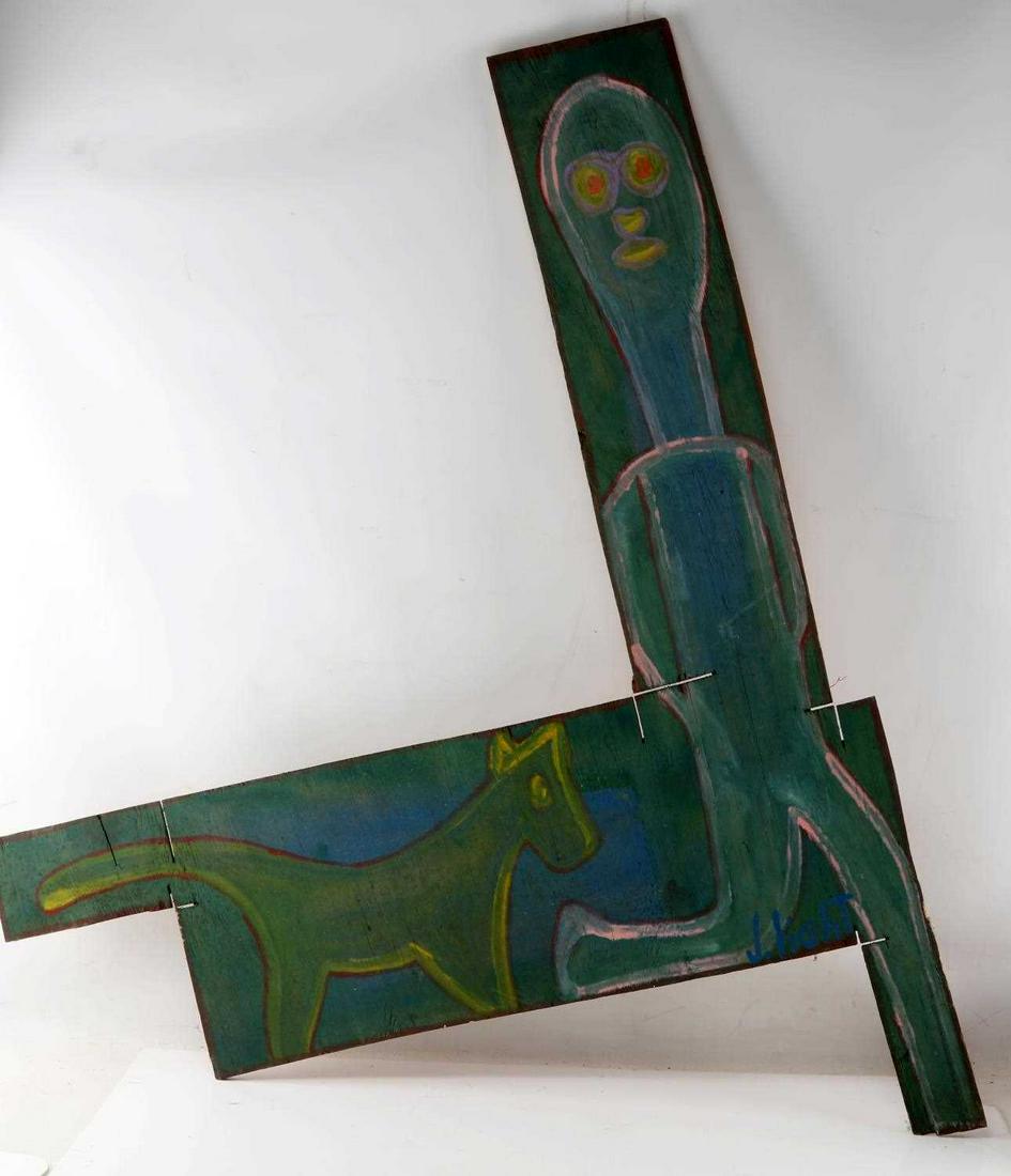 SIGNED JOE LIGHT FOLK ART GUMBY AND POKEY ON WOOD: Painting by American folk artist Joe Light, who began painting in the 60s, is known for his cruciform flowers, jagged and expressive landscapes and sober versions of pop art. Light's paintings are exh