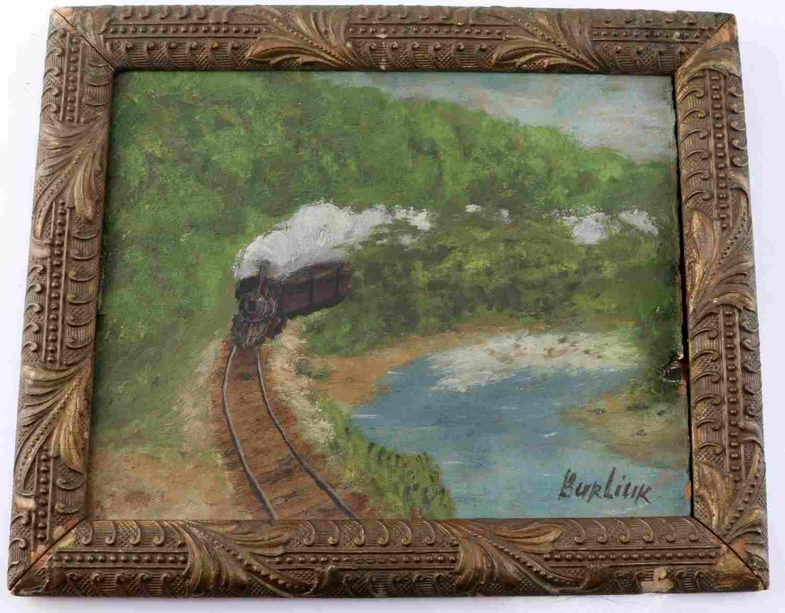 DAVID BURLIUK PAINTING OF TRAIN THROUGH LANDSCAPE: Train and landscape painting by the Futurist and Neo-Primitivist Ukranian painter David Burliuk. Image of a train moving through a green landscape next to a small body of water. Signed "Burliuk" at bo