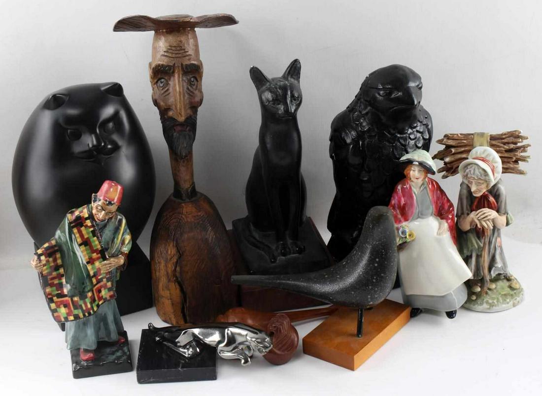 LOT OF 11 FIGURINES ROYAL DOULTON DON QUIXOTE BIRD: One Royal Doulton "Carpet Seller" figurine. Measures 9 inches in height. One Wade England "Harrier 1" figurine. Measures 8 inches in height. Chip to hat. One figurine of old woman carrying a bundle of