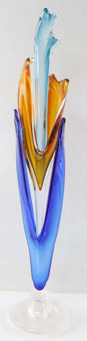 BARRY ENTNER THREE PIECE ART GLASS SCULPTURE: Three piece art glass sculpture by Barry Entner. Bottom piece is blue into which is inserted an orange sculpture with long clear glass rod. Third piece is light blue and placed inside of orange sculpt