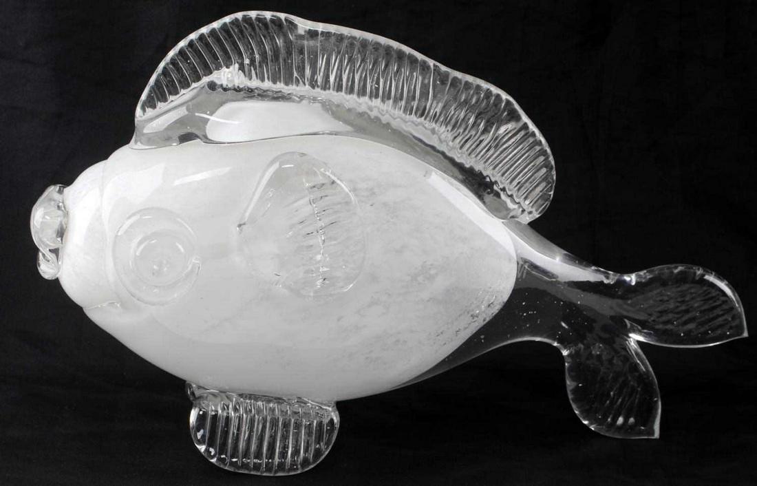 JEAN CLAUDE NOVARO BLOWN ART GLASS WHITE FISH: Jean-Claude Novaro art glass. Blown glass white and clear fish. Jean-Claude Novaro's innovative use of materials and techniques has cemented his reputation as a master artisan. His pieces are much sou