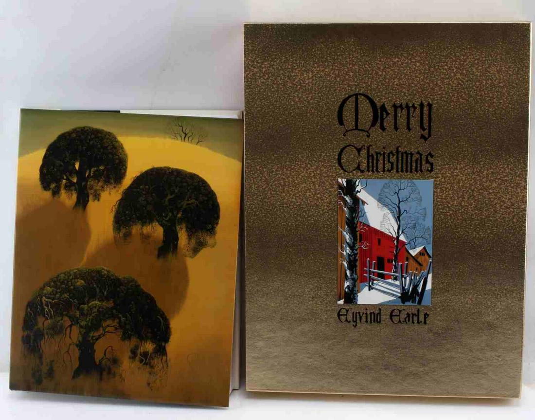 EYVIND EARLE MERRY CHISTMAS & 2001 COMPLETE ART: The Complete Christmas Card Art of Eyvind Earle. Book has case and is in excellent condition. Book of the complete works from 1991 to 2000 including poems, writings, drawings and more art. Book is in
